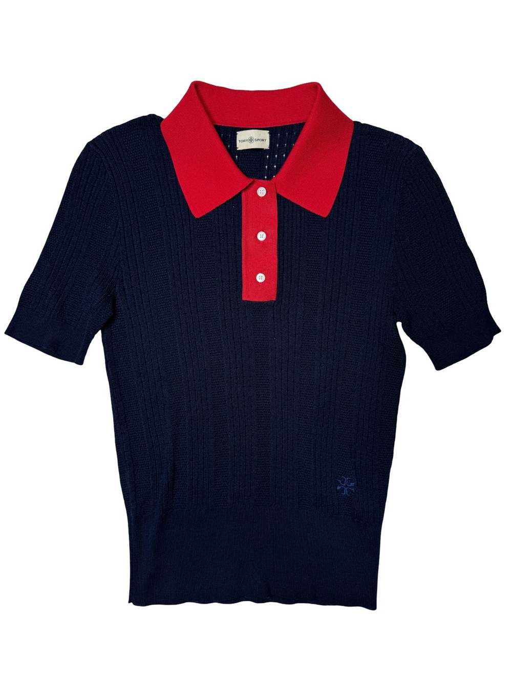 Tory Burch | Tory Sport Cotton Pointelle Polo Sweater Small Navy/Red